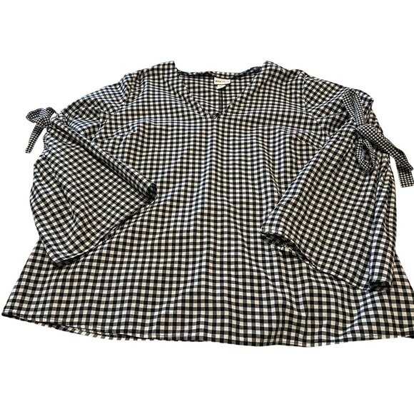 Ava & Viv Gingham V-neck Blouse w/Sleeve Ties Cotton Blend Women's Plus Size 1X - Picture 14 of 16